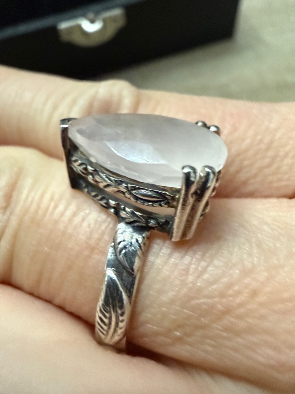Sterling Silver Ring with Rose Quartz Teardrop Stone - Women's Jewelry
